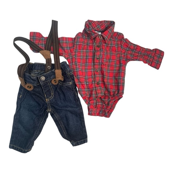 Carter's Red Plaid Shirt and Denim Jeans Pants and Suspenders Set Size: 3m - Picture 2 of 12